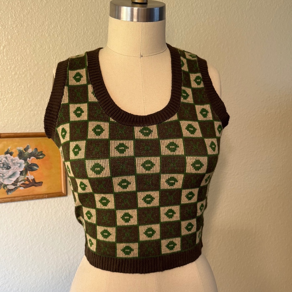 Vintage Fitted Brown and Green Checkered Vest Size Small